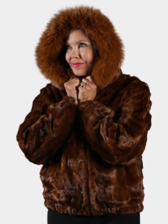 Woman's Whiskey Section Mink Fur Jacket with Detachable Fur Hood