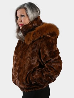 Woman's Whiskey Section Mink Fur Jacket with Detachable Fur Hood