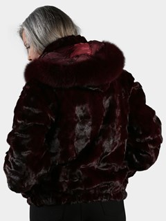 Woman's Burgundy Section Mink Fur Jacket with Detachable Fur Hood