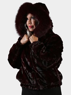 Woman's Burgundy Section Mink Fur Jacket with Detachable Fur Hood