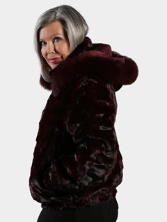 Woman's Burgundy Section Mink Fur Jacket with Detachable Fur Hood