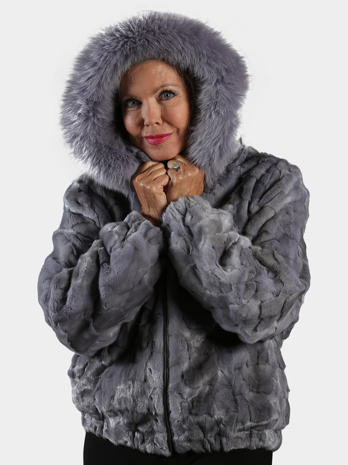 Woman's Sapphire Section Mink Fur Jacket with Detachable Hood