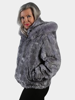 Woman's Sapphire Section Mink Fur Jacket with Detachable Hood