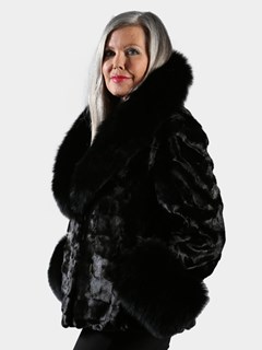 Woman's Black Section Mink Fur Jacket With Black Fox Collar & Cuffs