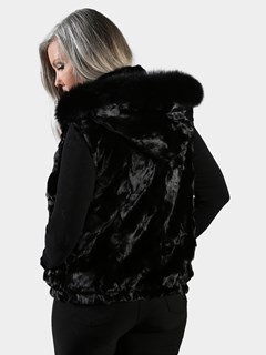 Woman's Black Diamond Mink Fur Vest with Dyed to Match Fox Trimmed Hood
