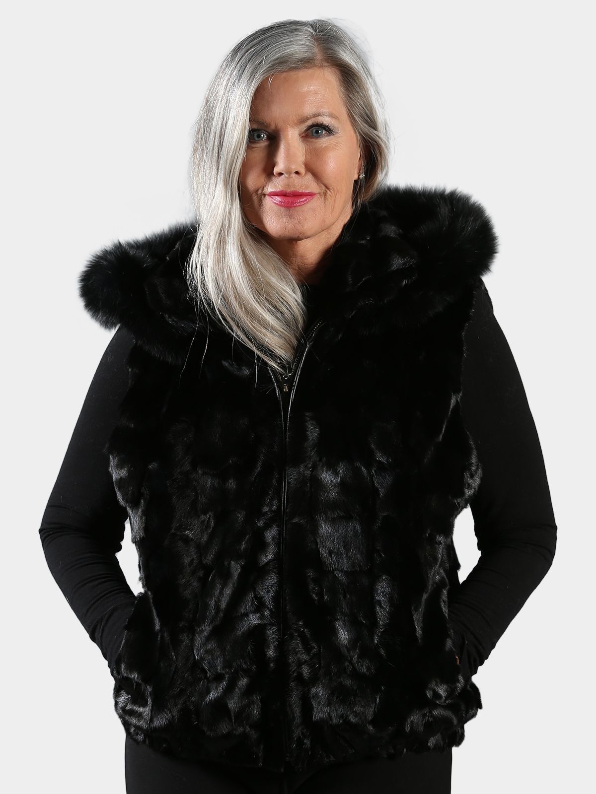 Woman's Black Diamond Mink Fur Vest with Dyed to Match Fox Trimmed Hood