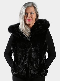 Woman's Black Diamond Mink Fur Vest with Dyed to Match Fox Trimmed Hood