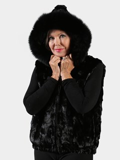 Woman's Black Diamond Mink Fur Vest with Dyed to Match Fox Trimmed Hood