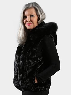 Woman's Black Diamond Mink Fur Vest with Dyed to Match Fox Trimmed Hood