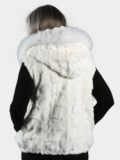 Woman's White Diamond Mink Fur Vest with Dyed to Match Fox Trimmed Hood