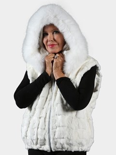 Woman's White Diamond Mink Fur Vest with Dyed to Match Fox Trimmed Hood