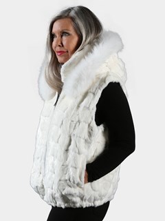 Woman's White Diamond Mink Fur Vest with Dyed to Match Fox Trimmed Hood