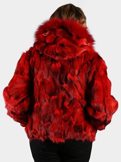 Woman's Dyed Red Fox Fur Section Bomber Jacket with Hood