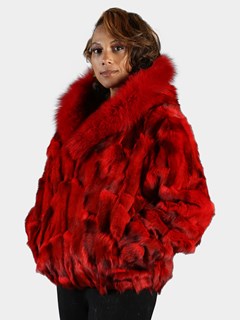 Woman's Dyed Red Fox Fur Section Bomber Jacket with Hood