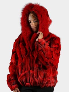 Woman's Dyed Red Fox Fur Section Bomber Jacket with Hood