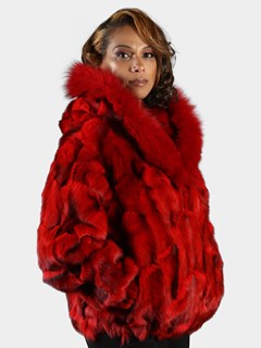 Woman's Dyed Red Fox Fur Section Bomber Jacket with Hood