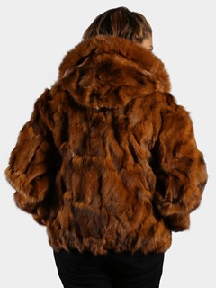 Woman's Whiskey Fox Fur Section Bomber Jacket with Hood
