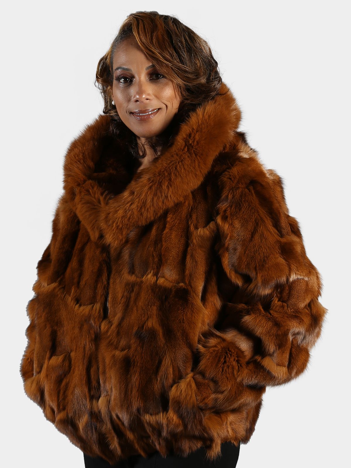 Woman's Whiskey Fox Fur Section Bomber Jacket with Hood