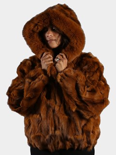 Woman's Whiskey Fox Fur Section Bomber Jacket with Hood