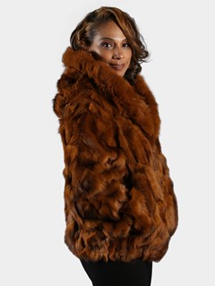 Woman's Whiskey Fox Fur Section Bomber Jacket with Hood