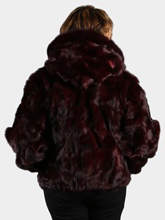 Woman's Burgundy Fox Fur Section Bomber Jacket with Hood