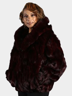 Woman's Burgundy Fox Fur Section Bomber Jacket with Hood