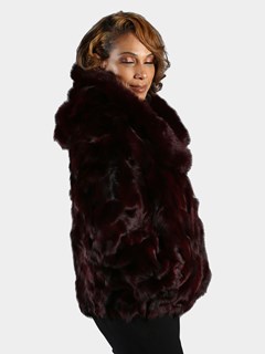 Woman's Burgundy Fox Fur Section Bomber Jacket with Hood