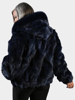 Woman's Navy Fox Fur Section Bomber Jacket with Hood