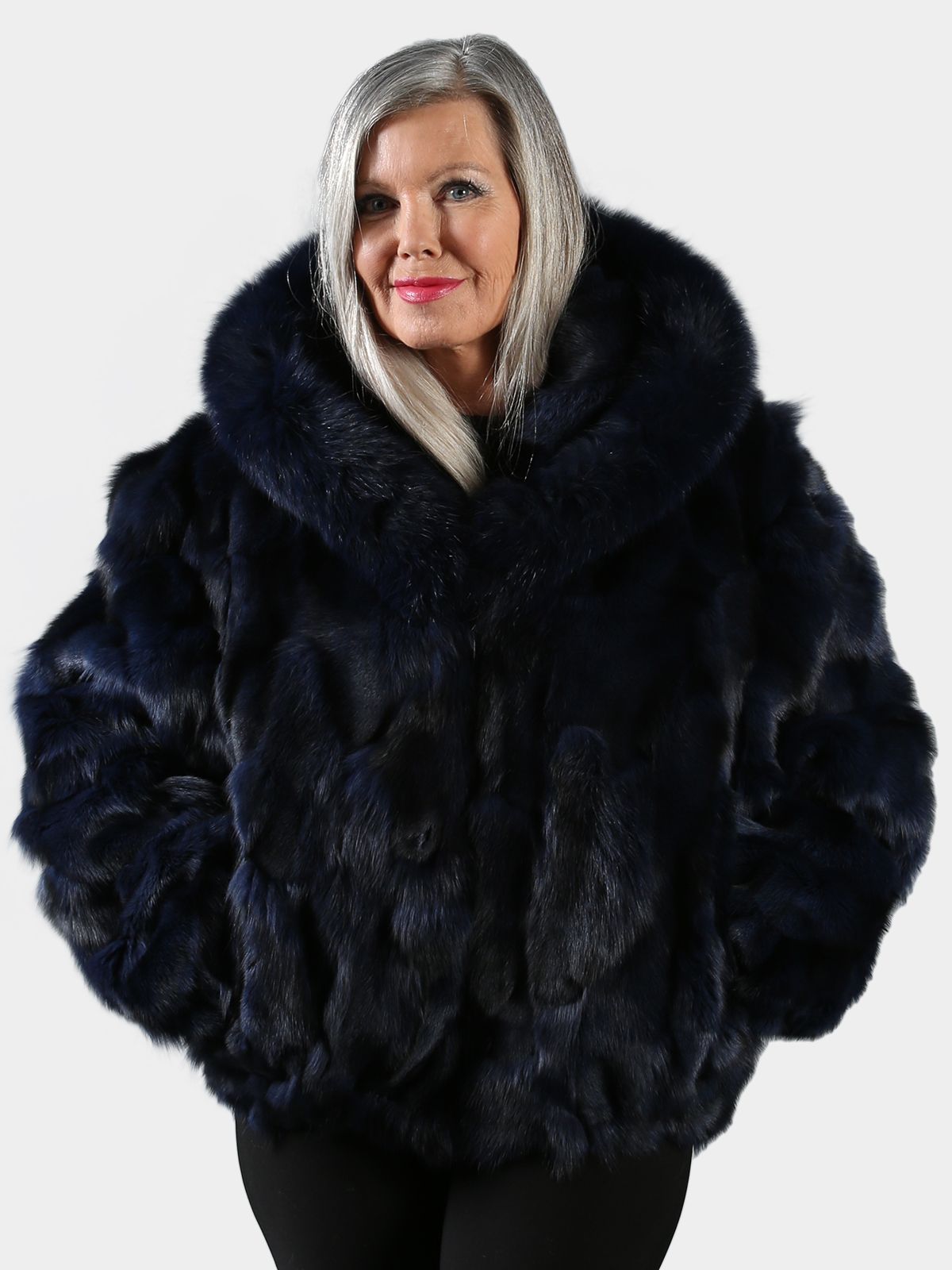 Woman's Navy Fox Fur Section Bomber Jacket with Hood