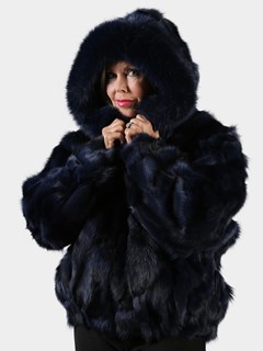 Woman's Navy Fox Fur Section Bomber Jacket with Hood