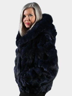 Woman's Navy Fox Fur Section Bomber Jacket with Hood