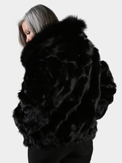Woman's Black Fox Fur Section Bomber Jacket with Hood