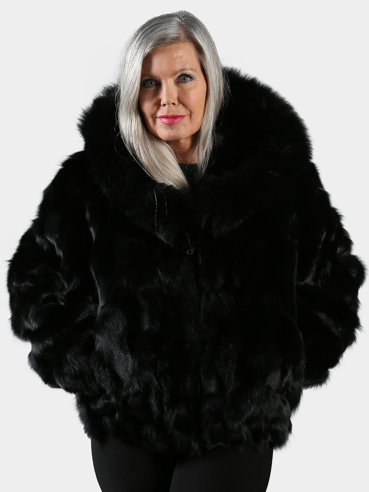 Woman's Black Fox Fur Section Bomber Jacket with Hood