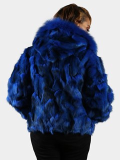 Woman's Royal Blue Fox Fur Section Bomber Jacket with Hood