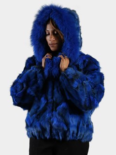 Woman's Royal Blue Fox Fur Section Bomber Jacket with Hood