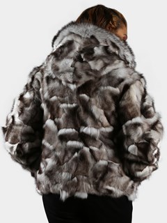 Woman's Natural Blue Fox Fur Section Bomber Jacket with Hood