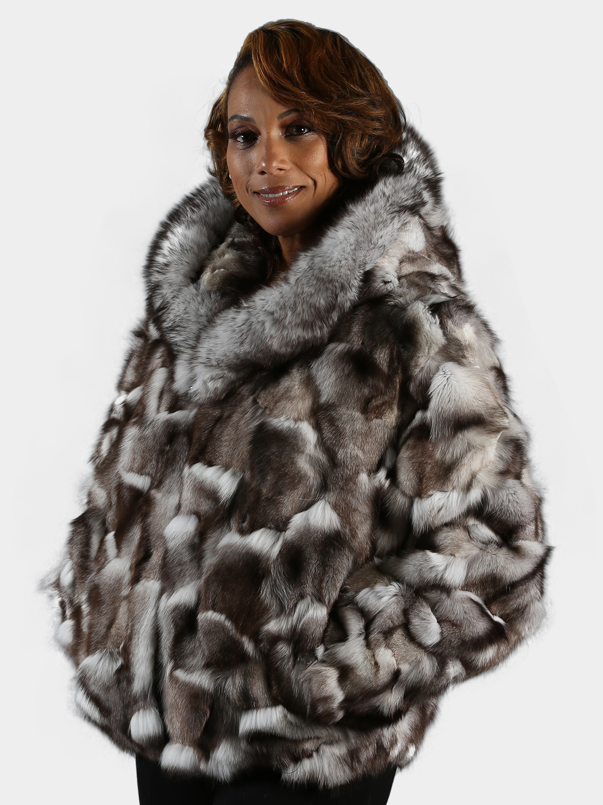 Woman's Natural Blue Fox Fur Section Bomber Jacket with Hood