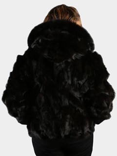 Woman's Brown Fox Fur Section Bomber Jacket with Hood