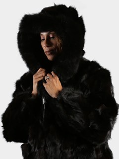 Woman's Brown Fox Fur Section Bomber Jacket with Hood