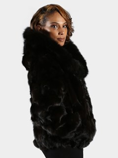 Woman's Brown Fox Fur Section Bomber Jacket with Hood