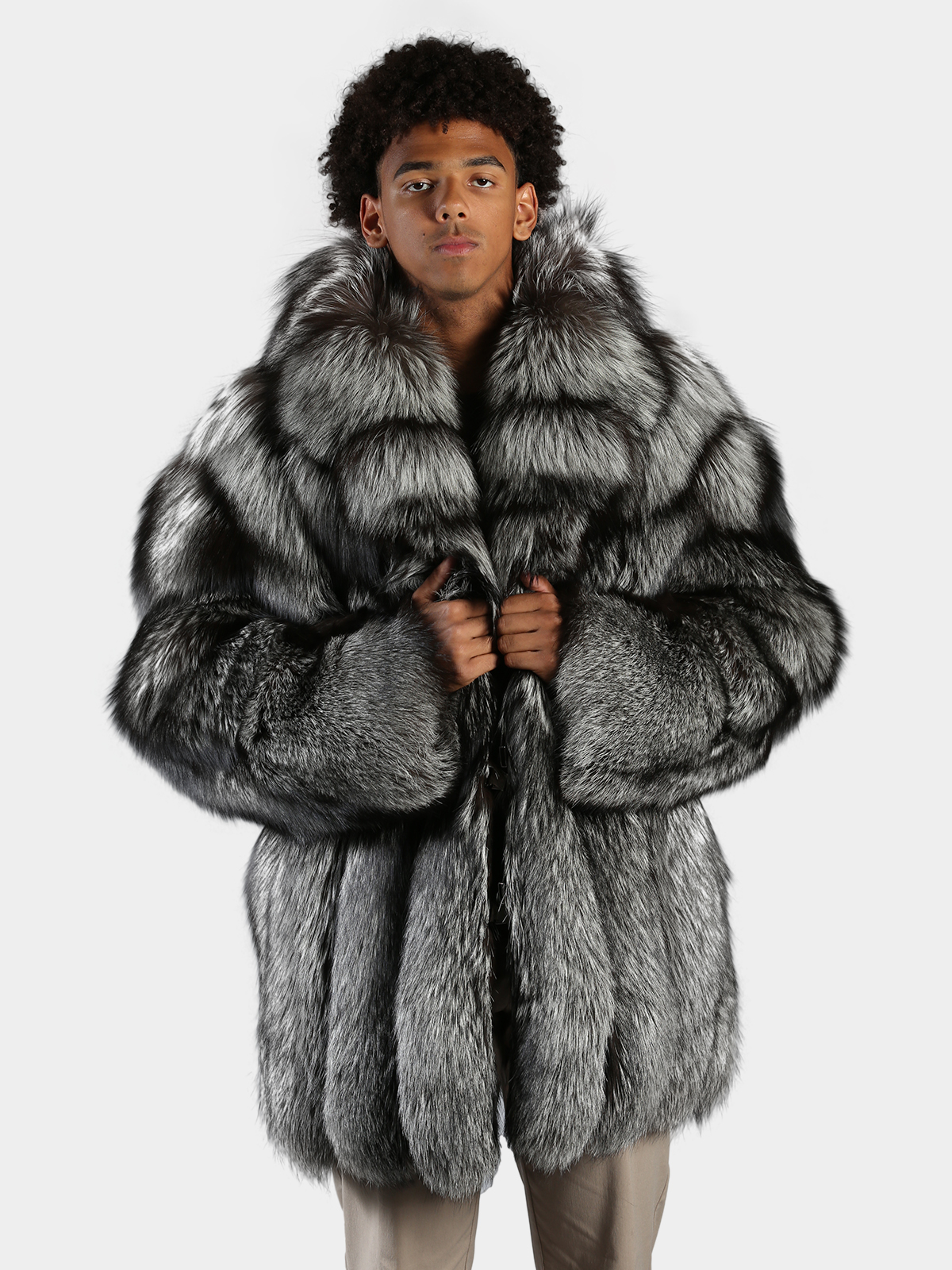 Man's Natural Silver Fox Fur 3/4 Coat