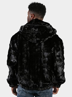 Man's Black Section Mink Fur Jacket with Detachable Hood