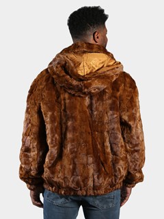 Man's Whiskey Section Mink Fur Jacket with Detachable Hood