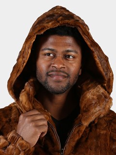 Man's Whiskey Section Mink Fur Jacket with Detachable Hood