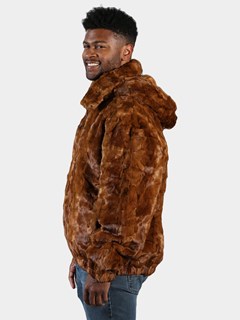 Man's Whiskey Section Mink Fur Jacket with Detachable Hood