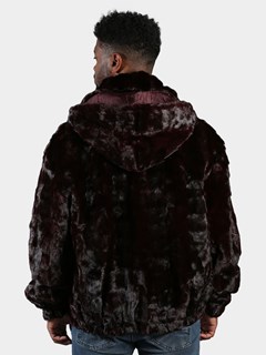 Man's Burgundy Section Mink Fur Jacket with Detachable Hood