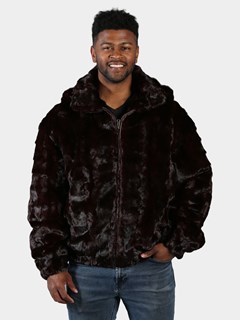 Man's Burgundy Section Mink Fur Jacket with Detachable Hood