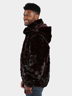 Man's Burgundy Section Mink Fur Jacket with Detachable Hood