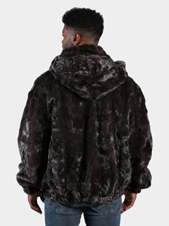 Man's Grey Section Mink Fur Jacket with Detachable Hood