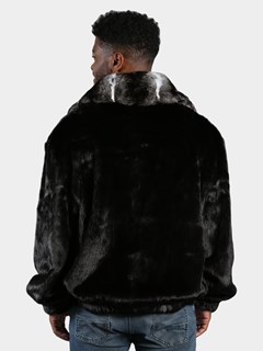 Man's Black Mink Fur Jacket with Natural Chinchilla Fur Collar